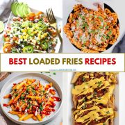 collage of vegan loaded fries recipes.