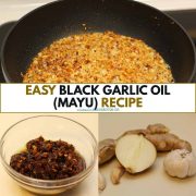 collage of process shots for black garlic oil mayu recipe.
