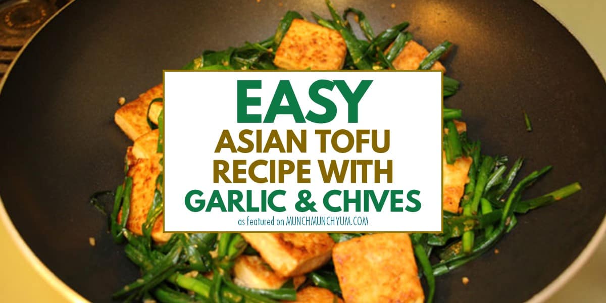close up of easy asian tofu recipe with garlic and chives.