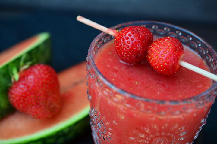 close up angle of simple strawberry watermelon smoothie.