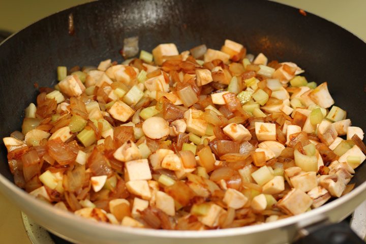 easy, homemade thanksgiving stuffing process shot - stir fry.