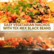 collage of process shots for vegetarian nachos with tex mex black beans recipe.