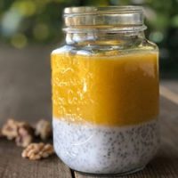 mango peanut butter smoothie with chia seeds for recipe card.