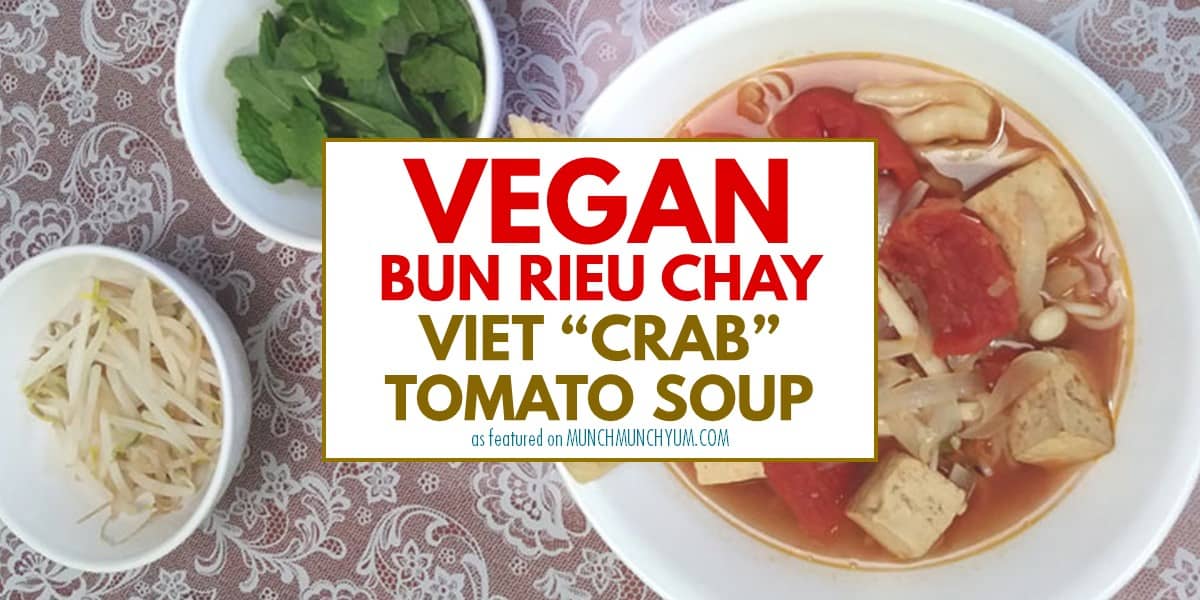 close up of vegan bun rieu chay vietnamese crab tomato-based soup recipe.