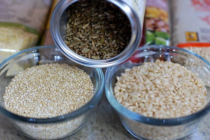 vegetarian pantry grains - wild rice, brown rice, quinoa.