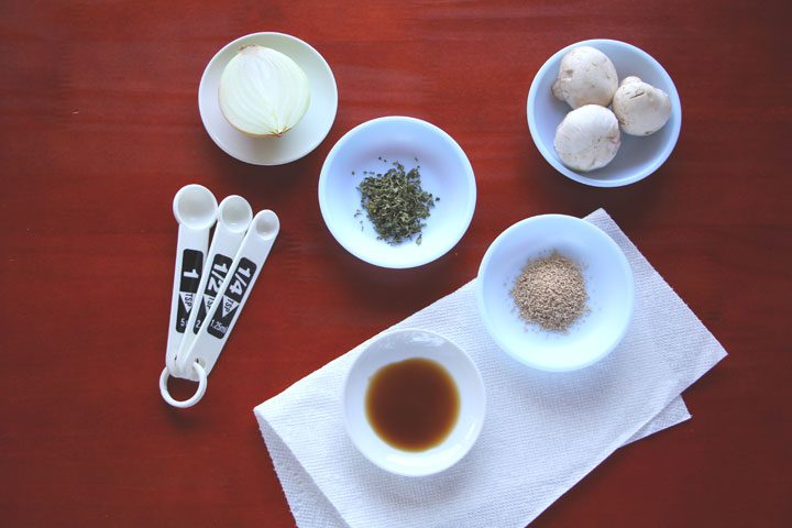 vegetarian gravy ingredients laid out on tabletop.